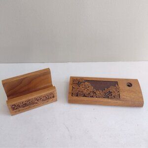 Vintage Laser Craft Engraved Walnut Envelope Card Pen Desk Holder Tree Floral